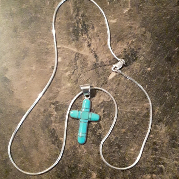 925 & Turquoise cross and snake chain - Picture 1 of 3